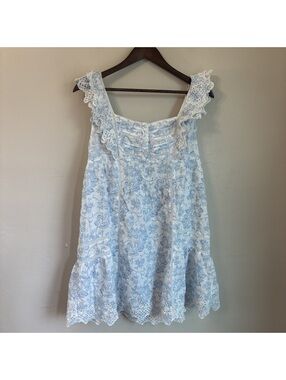 Rachel Ashwell Blue White Floral Print Eyelet Ruffle Smocked Cotton Mini Dress M
